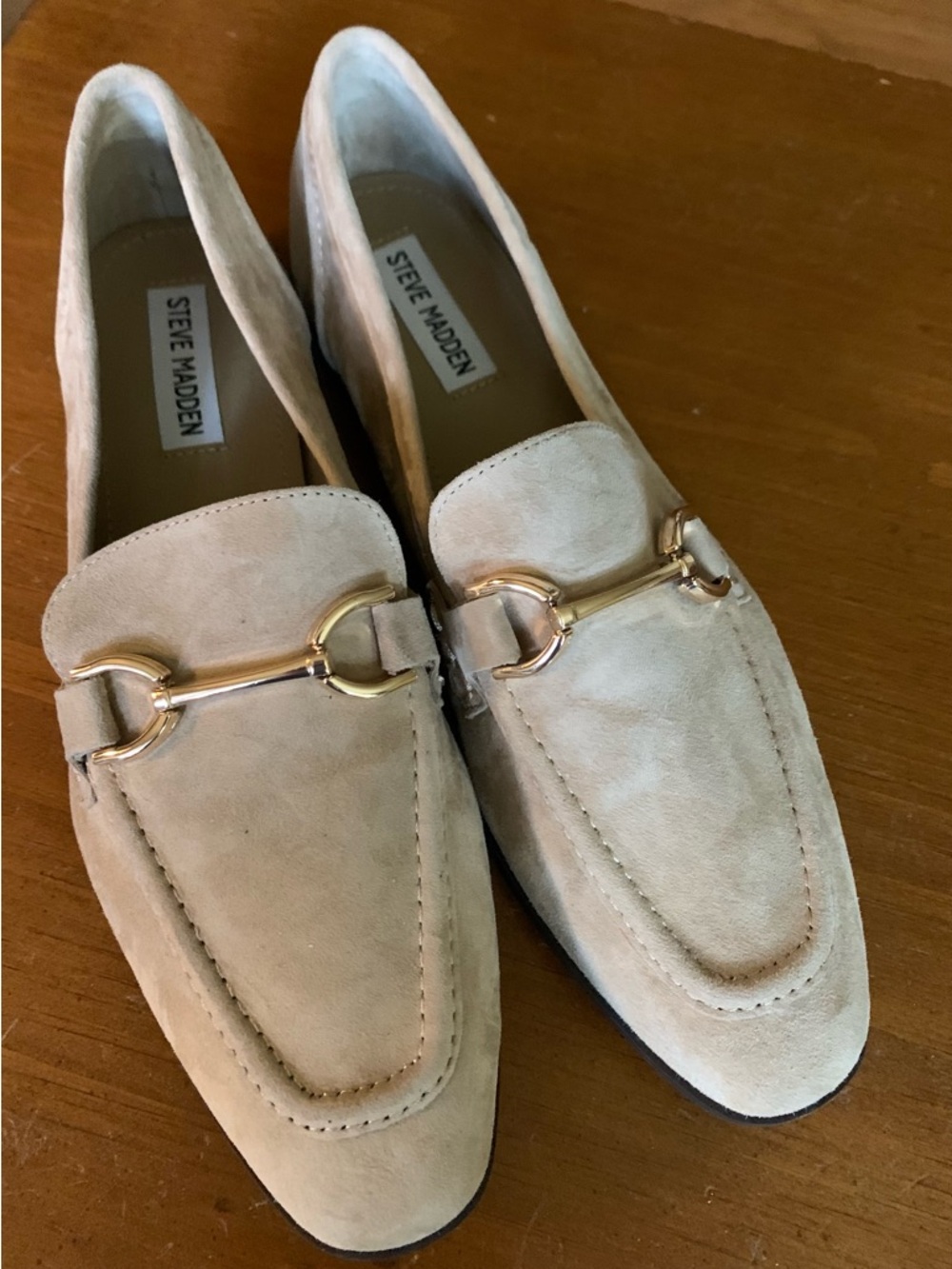 Steve Madden Taupe Suede Loafers with Gold Horsebit